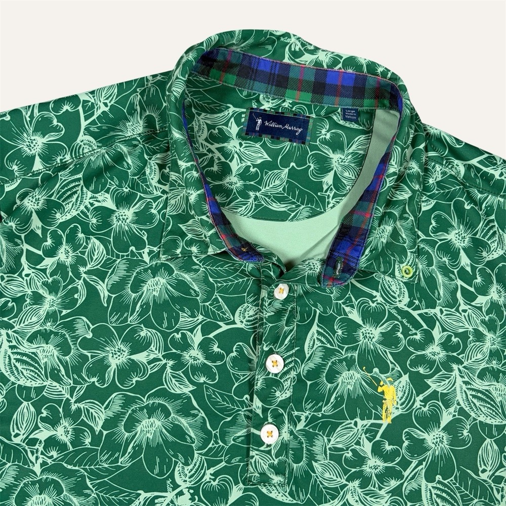 William Murray Polo Shirt Men L Green Floral AOP Performance Hawaiian Aloha Golf